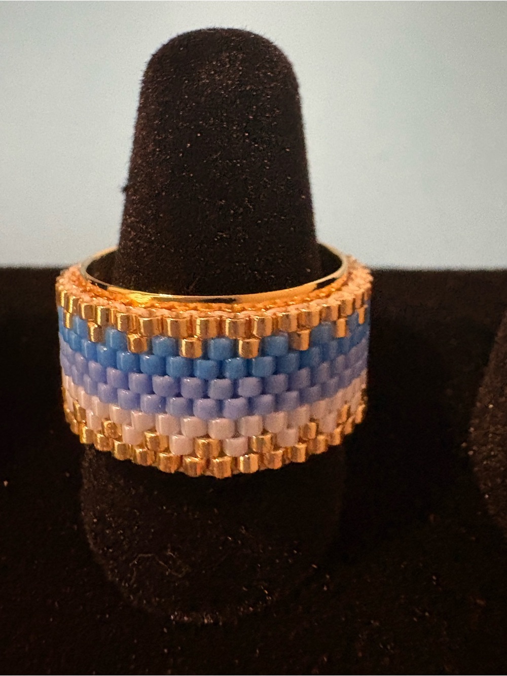 Gold-Tone Blue Ombre Beaded Women’s Statement Ring